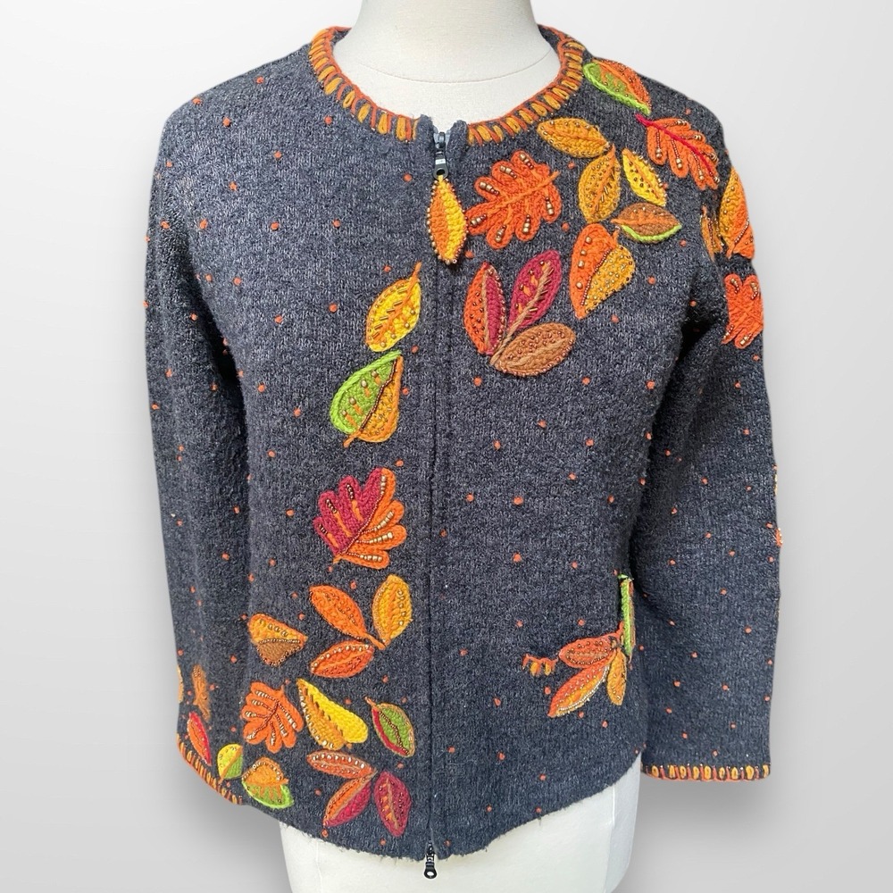 Design Options Philip Jane Gordon Med Sweater‎ Fall Leaves Beaded Zip Front